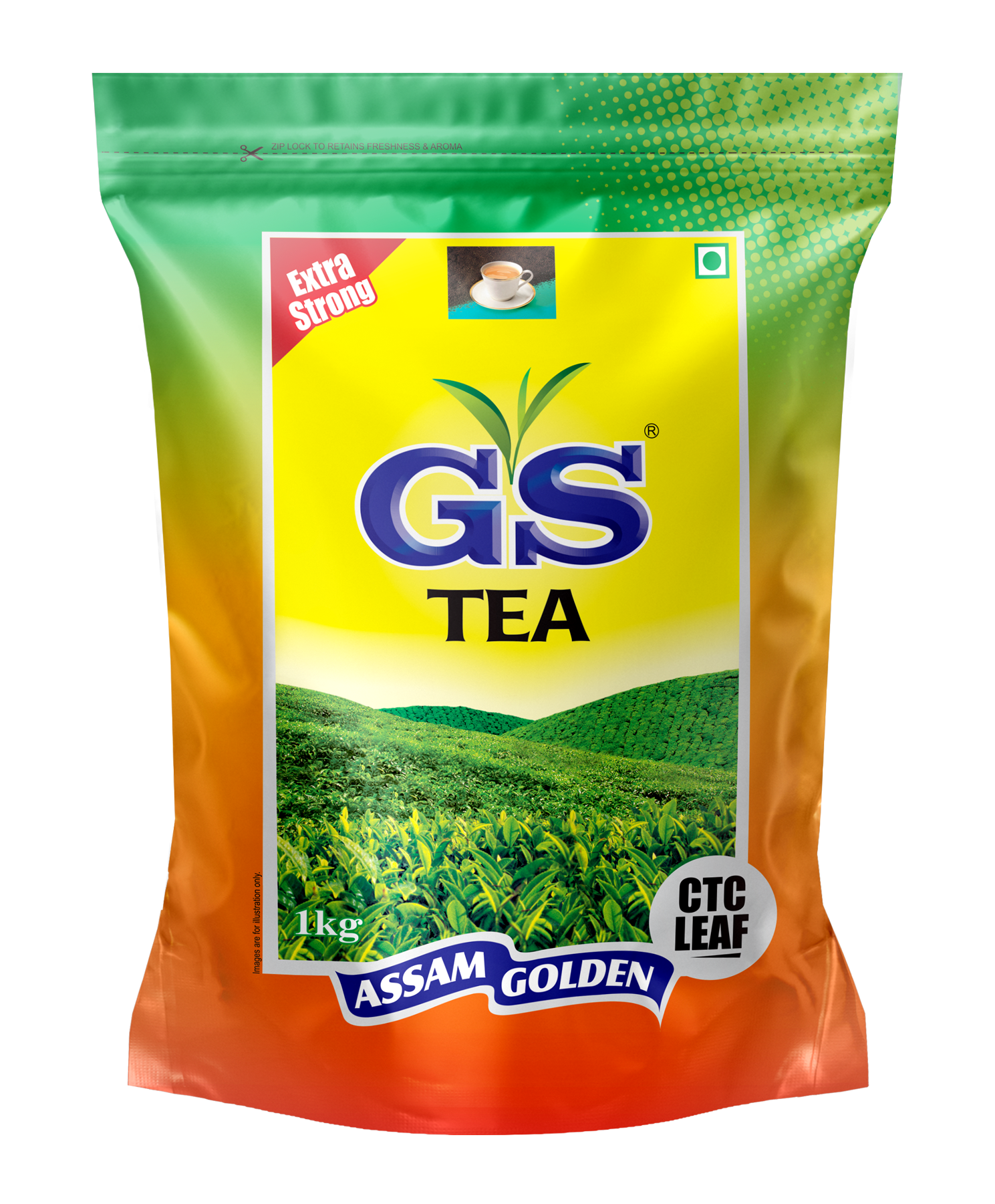 GS Tea package with Assam Golden branding on a white background